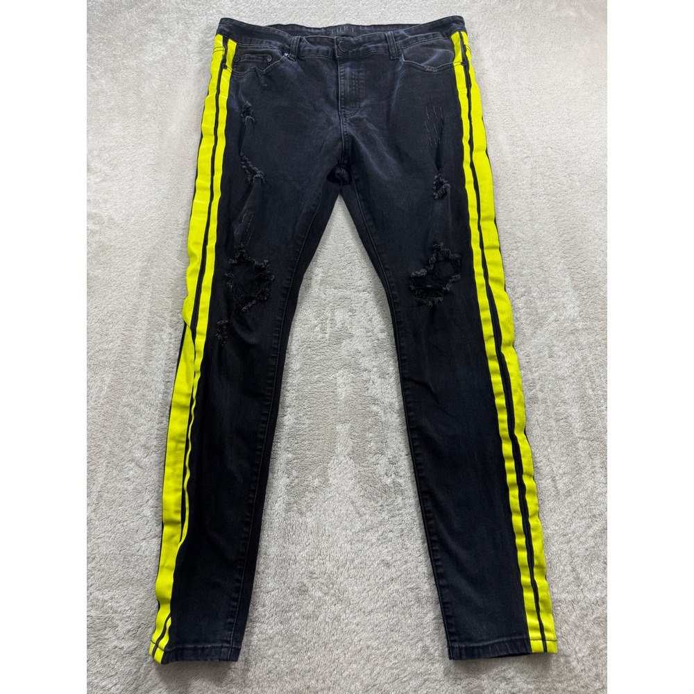 THRT Mens Slim Distressed Neon Yellow Side Stripe Black Jeans 36 Meas: 36x31